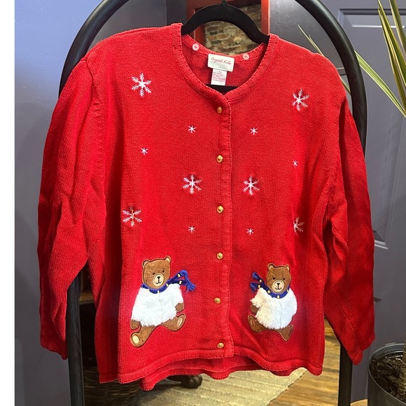 Crystal Kobe Sweaters - Crystal Kobe Red Bear Snowflake Knit Cardigan Sweater Women's Size L Holiday